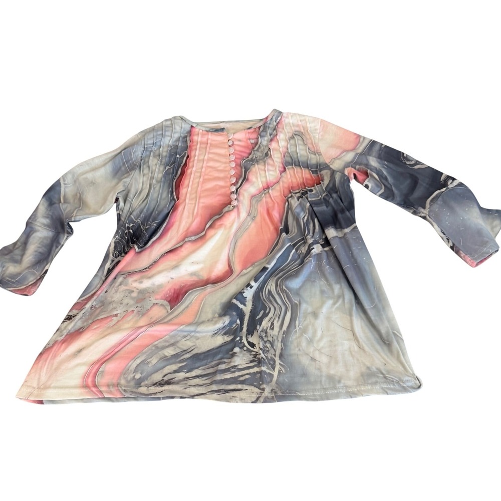 Womens Abstract‎ Marble Print Tunic Blouse Pink Grey Long Sleeve Pintuck Top 848